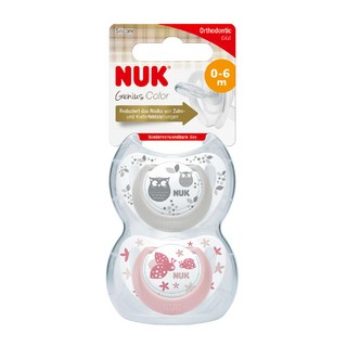 NUK Genius矽膠安撫奶嘴2入 仿母乳拇指型奶嘴 附防塵奶嘴儲存盒 德國製造, 0歲以上, 顏色隨機, 1組