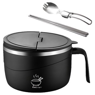 日式帶蓋304不鏽鋼大容量泡麵碗 附餐具 1.2L, 1個, 黑色
