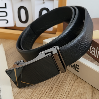 真皮頭層牛皮帶寬 男士合金自動釦皮帶, 雕刻線條, 黑色/銀色, 113~110 x 3.5cm