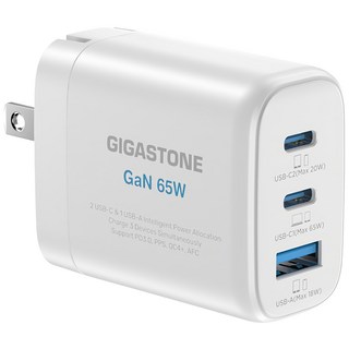 GIGASTONE 立達 GaN氮化鎵快速充電器 65W USB-C 三孔 PD-7653W/PD-7653B 支援PD&QC雙快充, 白色, 1個