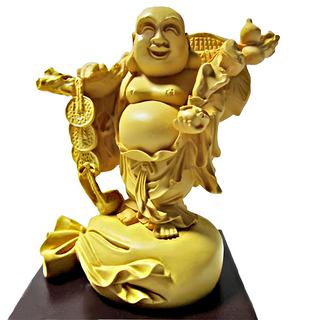 金剛砂陶土精雕佛像 財神彌勒, 5.5公分長, 9公分面寬, 9公分高 (不含木製底座), 木色, 1個