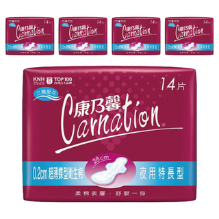 康乃馨 超薄蝶型衛生棉 護翼型, 夜用特長型(28cm), 14片, 5包
