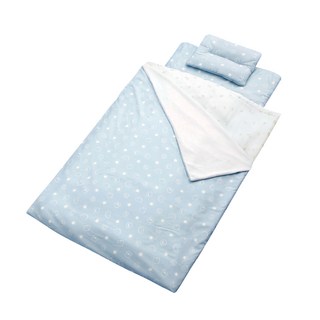 PiYOPiYO黃色小鴨 印花四季幼教睡墊4件組 可愛小動物圖案 可折疊加長型床墊 舒適大尺寸, 霧藍色