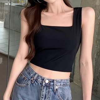 冰絲寬肩方領背心，彈性佳, 37 x 31cm, 黑