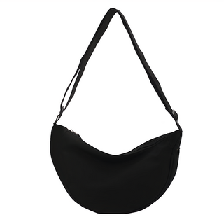 日式休閒單肩半月挎包, 尼龍材質, 黑色, 約30x16x10.5cm