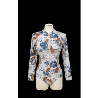 愛北鼻韓版三角連體泳衣 拉鍊連體泳裝 長袖防曬 顯瘦遮肚, 1入, 花卉, L