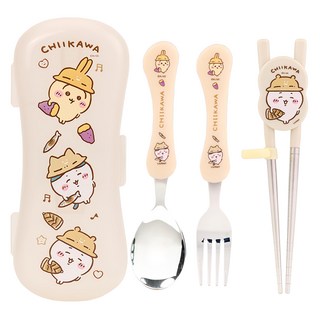 Chiikawa 吉伊卡哇 兒童餐具4件組, 左右手通用學習筷 + 湯匙 + 叉子 + 筷子 + 餐具盒, 混和顏色, 1組