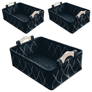 羊毛氈手提收納籃 聚脂纖維木頭, 黑色, 大(37 x 26.5 x 13cm), 3個