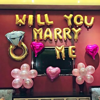 生活King 求婚浪漫氣球套餐簡易版 Set 金色字母WILL YOU MARRY ME 18吋珠光粉愛心氣球 中號鑽戒氣球 淺粉氣球 白色氣球, 求婚驚喜, 1組