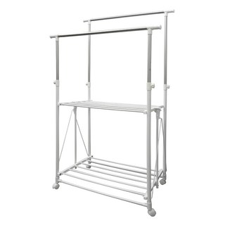 雙手萬能 不鏽鋼秒收雙桿活動衣架 附活動輪, 白色