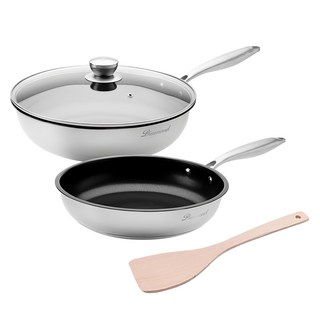 鍋寶 Diamond系列 鋼鑽不鏽鋼不沾鍋4件組 IH電磁爐適用, 1組, 平煎鍋24cm + 深炒鍋30cm + 深炒鍋蓋 + 木鏟, 銀色