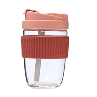 雙飲彈蓋吸管玻璃咖啡杯 (350ml) - 胭脂粉, 小號, 高硼矽玻璃/環保PP/無毒矽膠, 1個