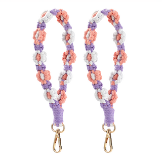 手機掛繩 編織花短款 Set 2 手工編織棉繩植物花卉原創設計, D 紫繩 粉白花, 1組