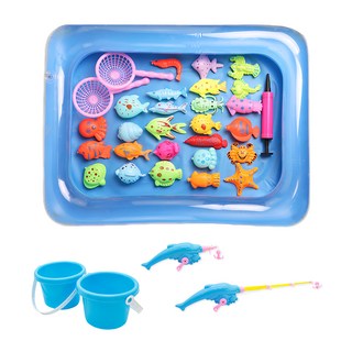 OhBabyLaugh 釣魚撈魚32件組 附魚池 + 打氣筒 水桶 2個 + 釣竿 2個 + 撈網 2個 + 海洋生物 26個, 藍色 + 顏色隨機, 1組