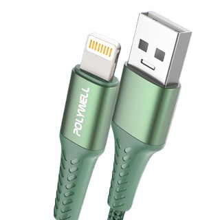 POLYWELL 寶利威爾 USB-A To Lightning 編織充電線 適用iPhone PW15-W45-A301, 50cm, 綠色, 1條