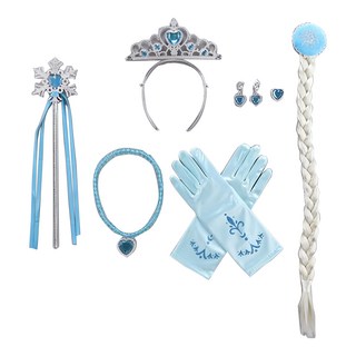 女童萬聖節派對變裝配件組 皇冠 魔杖 項鍊 手套 耳環 髮辮, 1組, 藍色