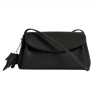 真皮頭層牛皮3隔層女士斜背包肩背包小包 附小象吊飾, 21 x 17 x 12cm, 黑色