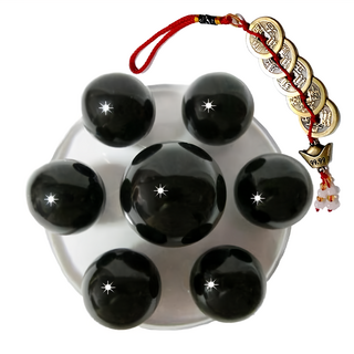 養慧軒 天然黑曜圓球 開運化煞 七星陣 Set (主珠直徑29-30mm, 附珠直徑20mm, 附贈招財五帝錢吊飾), 1個