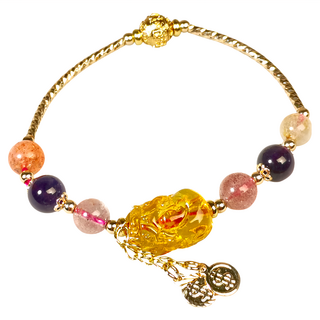 財神小舖 優雅富貴天然琥珀貔貅手鍊，保佑平安，驅散負能量, 13~15.5cm, SLPO-2308