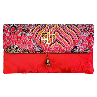 財神福氣鴻運錢袋，手工織錦緞，合金(電鍍)，旺運紅, 1個