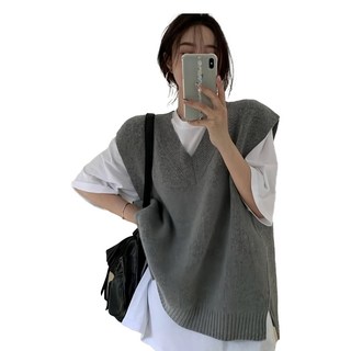 V領開岔素色外搭毛衣背心, 肩寬46cm 胸寬58cm 全長68-70cm, 灰色
