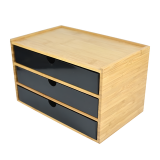 多功能木質收納盒 三層抽屜, 黑色, 1個