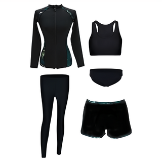 一家人的泳衣 成人女五件組 (外套, 裹胸泳衣, 泳褲, 三角泳褲, 防曬長褲), M(泳衣88 x 55cm + 泳褲90 x 60cm), 黑色