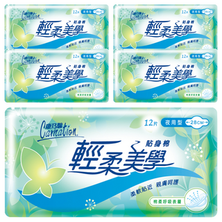 康乃馨 輕柔美學貼身衛生棉, 夜用型 28cm, 12片, 5包