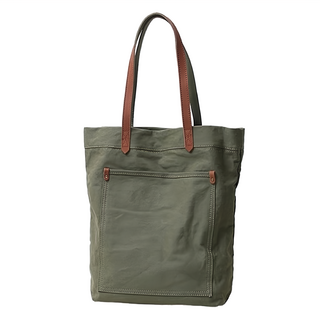 帆布配頭層皮女士豎款肩背包斜背包女包，A4可容納，手提/單肩/斜挎, 30 x 40 x 12cm, 軍綠色