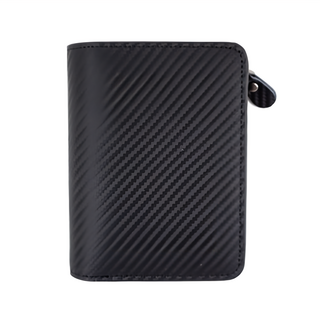 真皮碳纖維牛皮男士2折短夾 二層牛皮 超纖+滌綸內裡, 9.5 x 12.9 x 3.3cm, 黑色