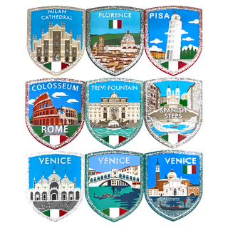 A-ONE 義大利 旅遊玻璃靜電貼紙 Set 國家地標系列 9張 金蔥/銀蔥/五彩蔥, 1組, 6 x 7.5cm