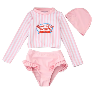 愛北鼻 女童長袖防曬泳衣 長袖上衣+泳褲+泳帽 粉條字母, 100碼