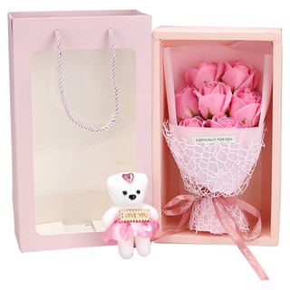 Mini嚴選 仿真7朵玫瑰小熊花束 附禮袋 粉玫瑰 禮物, 1組