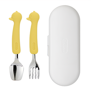 Edison 鴨子款矽膠柄兒童餐具組 100%鉑金矽膠, Yellow, 叉子*1入+叉子*1入+收納盒*1入, 1組