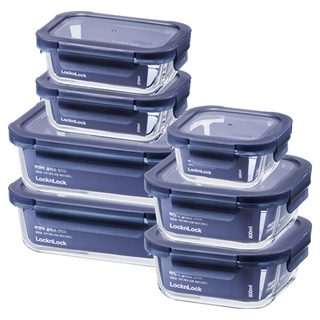 LocknLock 樂扣樂扣 Glass Indigo 耐熱玻璃保鮮盒 盒身 + 上蓋 7件組 海軍藍, 320ml + 370ml 2個 + 800ml 2個 + 1040ml 2個, 1組