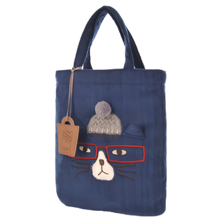 kUSUgURU JAPAN 日本眼鏡貓 NEKOMARUKE 貓丸系列 手提萬用包 附皮質造型掛飾, 藍色
