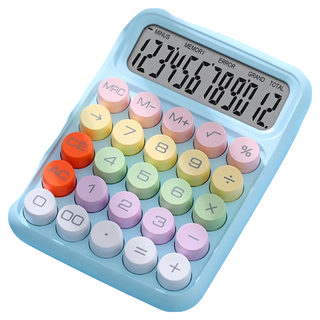 繽紛馬卡龍復古按鍵計算機 語音版, 12位數, 糖豆計算機, 馬卡龍藍底彩虹鍵, 1個