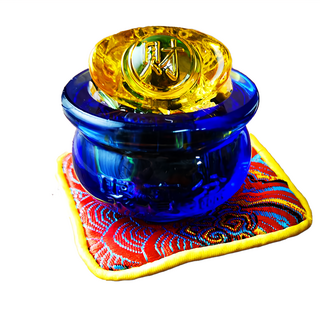 財神小舖 旺財元寶 琉璃水晶聚寶盆擺件 五行水晶加持, 元寶 金色 + 藍色 + 紅色, 1個