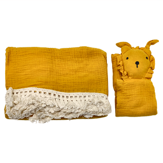 Kori Deer 可莉鹿 月禮盒組 純色流蘇嬰兒萬用包巾 + 安撫巾 純棉紗布