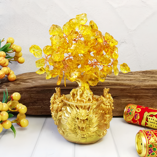 祥龍聚寶 發財樹 高約13cm*寬8cm, 黃水晶, 1個