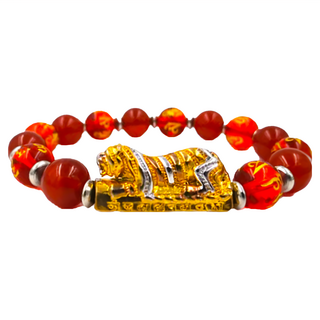 喜緣玉品 金虎爺發財咒旺運念珠 台灣神獸虎爺公 鞏固財庫 增添財運 真金電鍍 金光閃閃, 紅瑪瑙, 1個