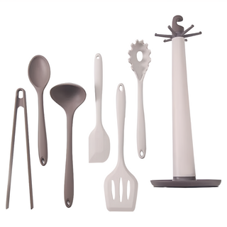 SUnORO 韓版耐熱矽膠廚具7件套裝, 煎鏟 + 撈麵勺 + 刮刀 + 湯勺 + 密勺 + 食物夾 + 收納架, 1組