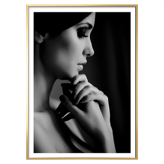 沉思 女性黑白照片藝術畫 有框, 金色