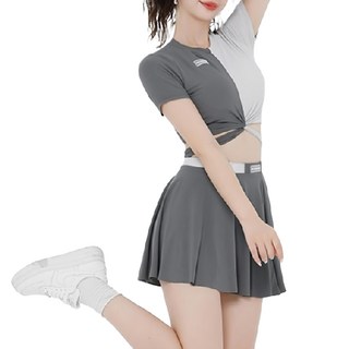 成人女生泳衣 交叉短袖分體褲裙套裝, 黑白相間