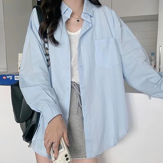 寬鬆素面長袖襯衫，棉+聚酯纖維, 不適用, 天藍色