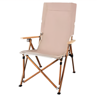 戶外四段式可調節高背大川椅, 600D牛津布, 櫸木扶手, 鋁合金支架, 快速收納設計, 卡其色, 1個