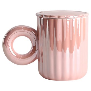 Homely Zakka 夢幻高顏值珍珠貝殼大耳朵陶瓷馬克杯/早餐杯/飲料杯 附杯蓋 + 花朵勺 禮盒裝 400ml, 珍珠粉, 1盒