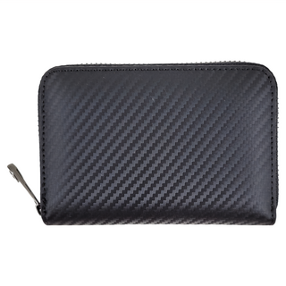 真皮碳纖維牛皮方塊零錢包，黑色，拉鍊式, 12 x 8.5 x 2cm