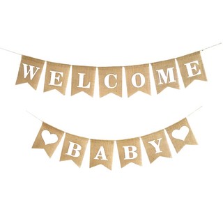 麻布 魚尾拉旗, welcome baby 褐色, 1組