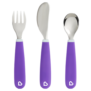 munchkin 滿趣健 兒童不鏽鋼餐具三件組, 湯匙/叉子/刀, 適用18個月以上, 不含BPA, 不鏽鋼餐具三件組, 紫, 1組